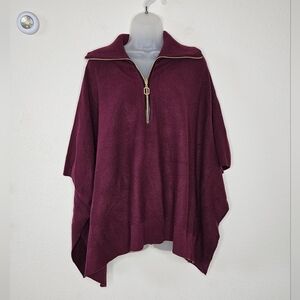 NWT Chico's One Size Maroon Wine Thick Knit Super Soft Half Zip Poncho Collared